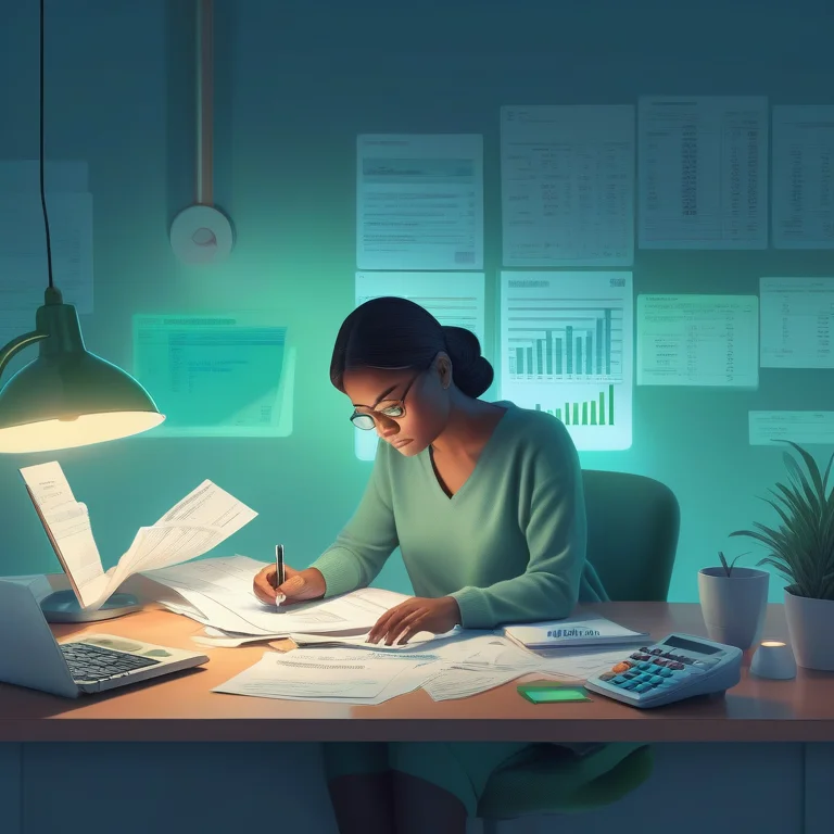Essential Consumer Credit Counseling Guide 4 Illustration of a person at a desk surrounded by financial documents and budgeting tools under a warm light.