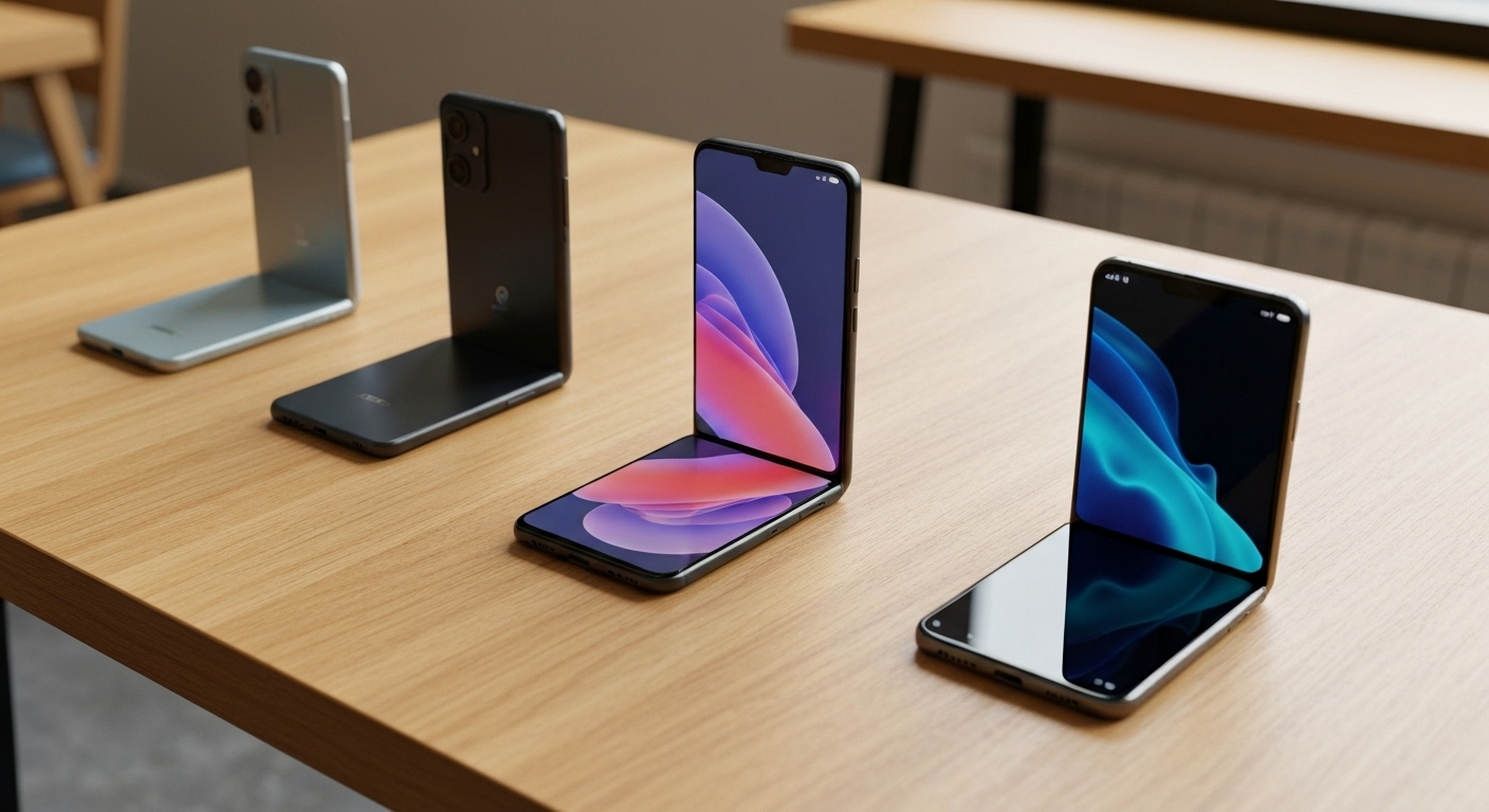 Five smartphones displayed on table